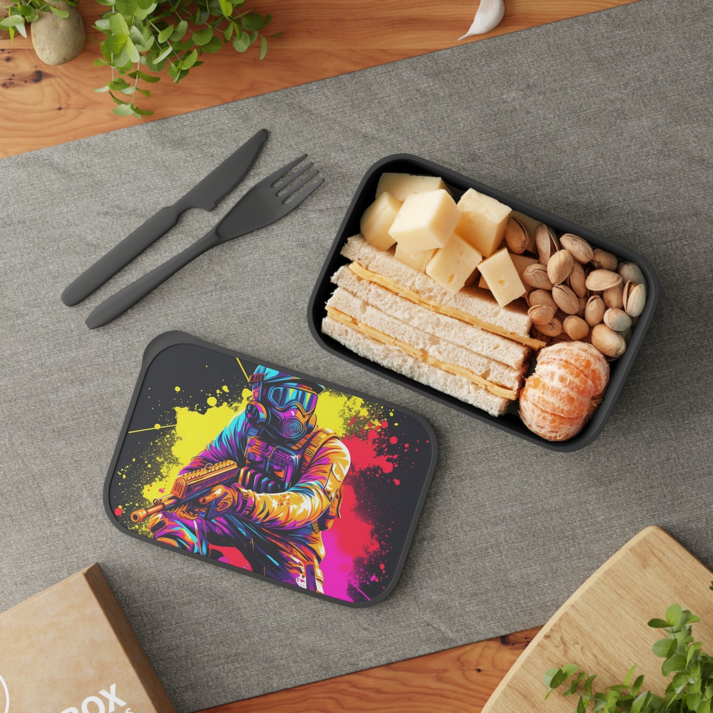 Paintball Action Sport: Player in Battle, Paint Splatter - PLA Bento Box with Band and Utensils