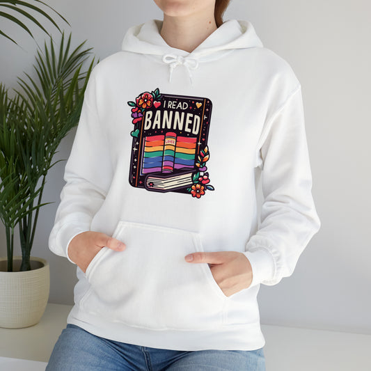 I Read Banned Books - Colorful Pride Love Book with Floral Accents - Unisex Heavy Blend™ Hooded Sweatshirt