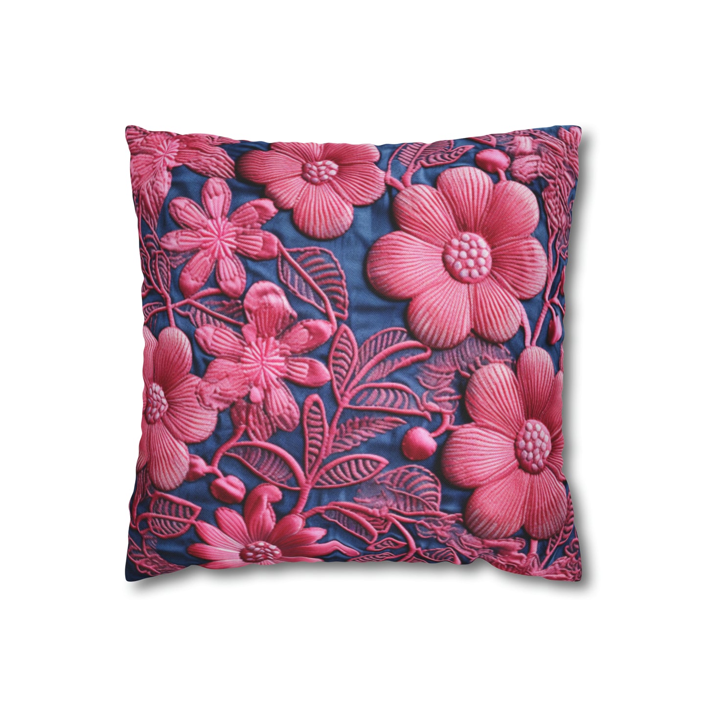 Denim Blue Doll Pink Floral Embroidery Style Fabric Flowers - Spun Polyester Square Pillow Case