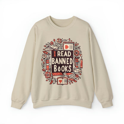 I Read Banned Books - Timeless Floral Bookshelf Illustration - Unisex Heavy Blend™ Crewneck Sweatshirt