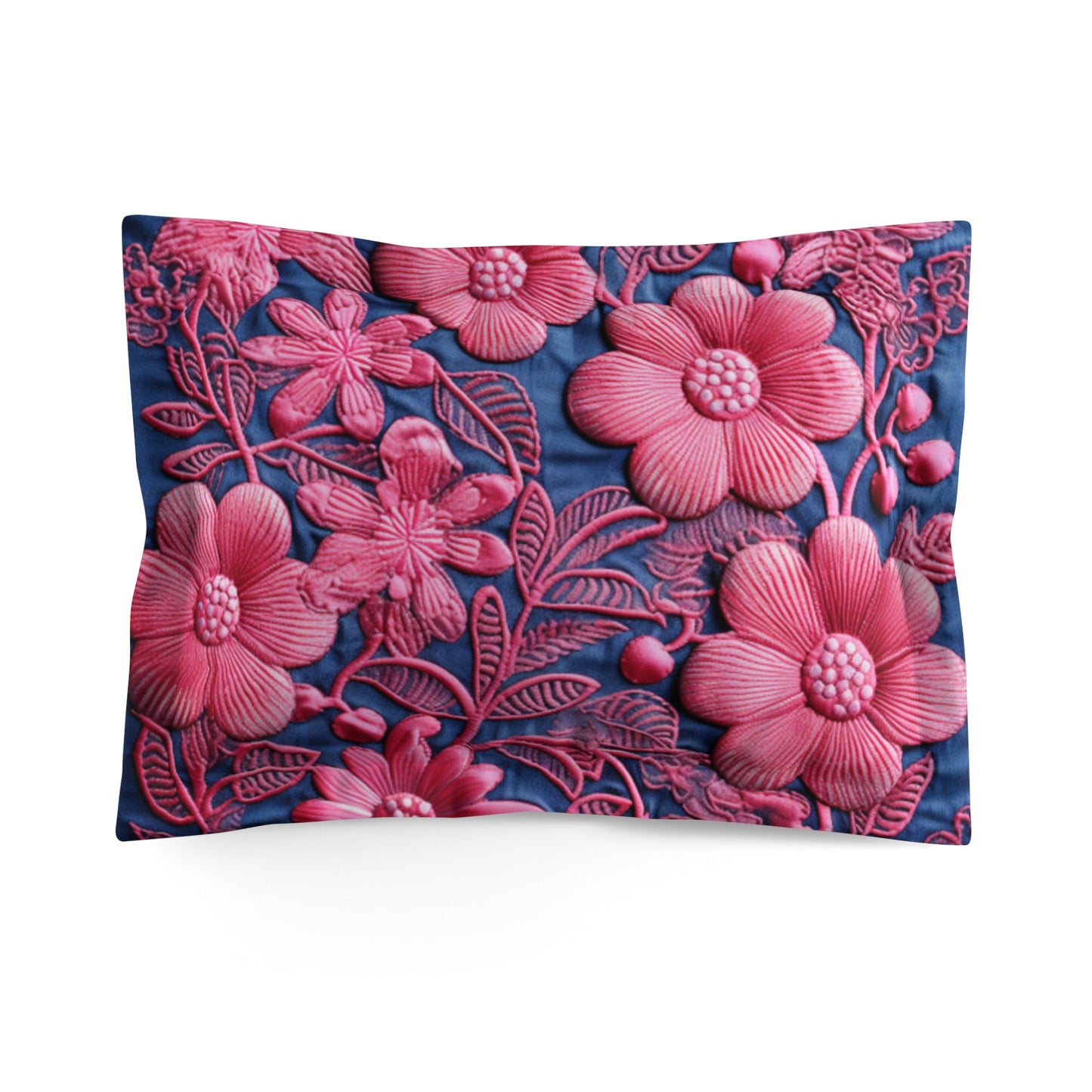 Denim Blue Doll Pink Floral Embroidery Style Fabric Flowers - Microfiber Pillow Sham