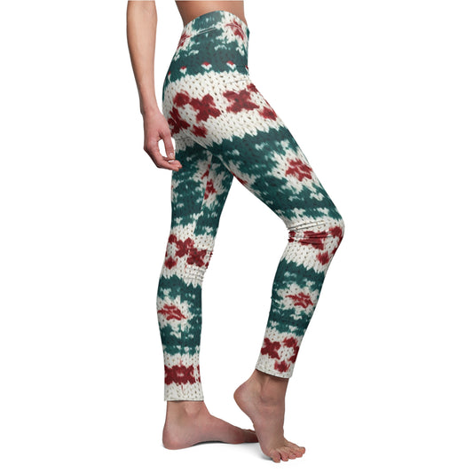 Christmas Knit Crochet Holiday, Festive Yuletide Pattern, Winter Season - Women's Cut & Sew Casual Leggings (AOP)
