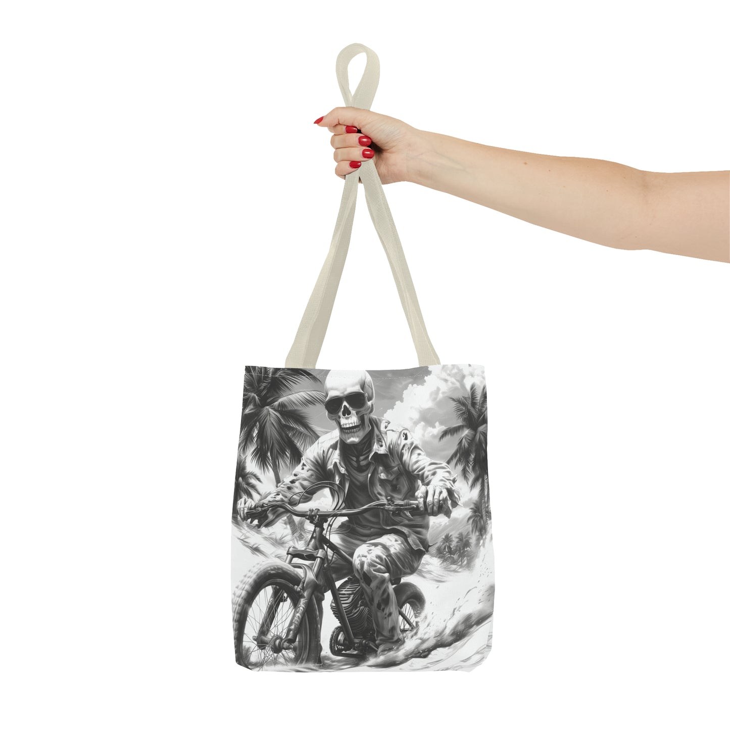 Biker Skeleton Wearing Sunglasses, Riding Sunset Boulevard in California Motorcycle, Tote Bag (AOP)