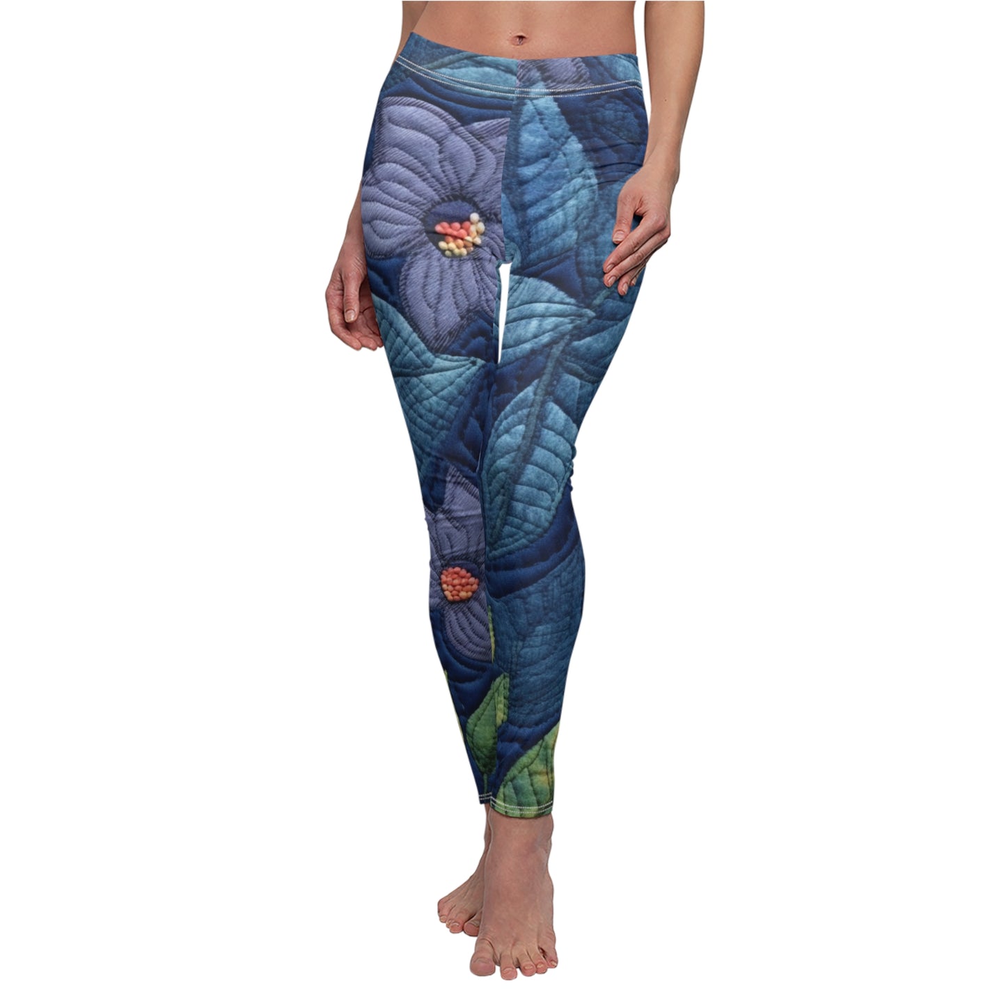 Floral Embroidery Blue: Denim-Inspired, Artisan-Crafted Flower Design - Women's Cut & Sew Casual Leggings (AOP)