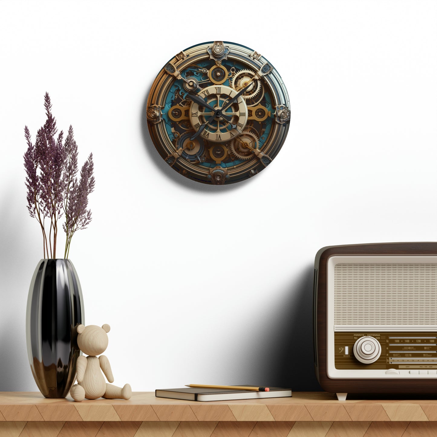 Steampunk Gear, Gold trim Blue Teal Design, Acrylic Wall Clock