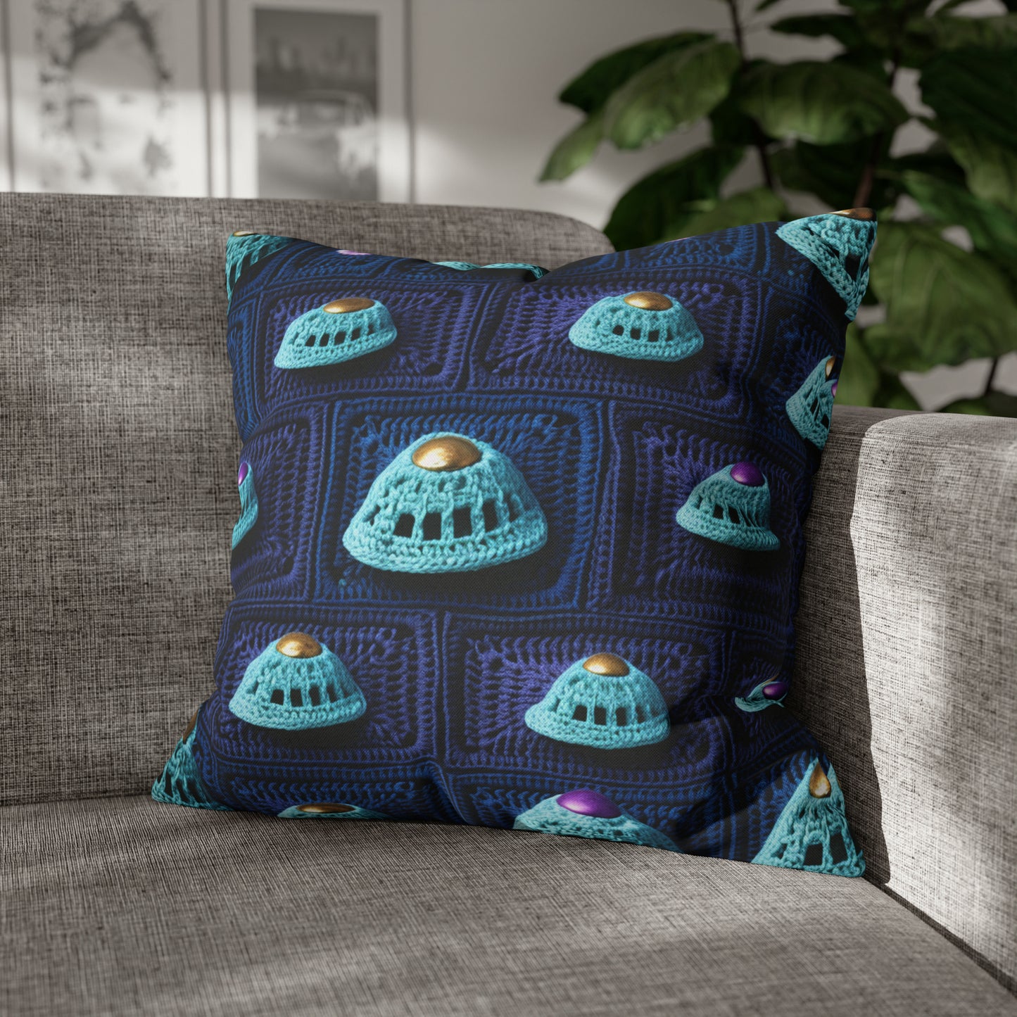 Spaceship UFO Crochet - Galactic Travel Ship - Alien Craft - Flying Saucer - Spun Polyester Square Pillow Case