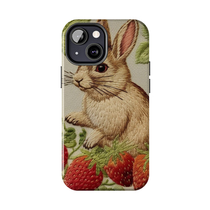 Strawberry Bunny Rabit - Embroidery Style - Strawberries Fruit Munchies - Easter Gift - Tough Phone Cases