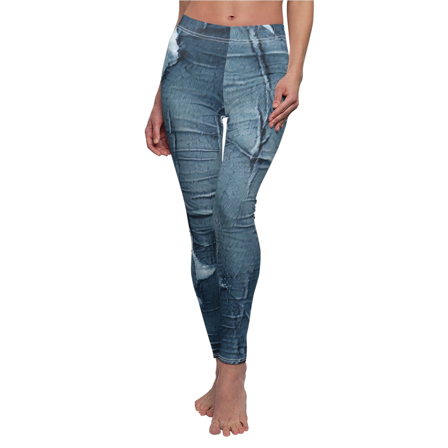 Distressed Blue Denim-Look: Edgy, Torn Fabric Design - Women's Cut & Sew Casual Leggings (AOP)