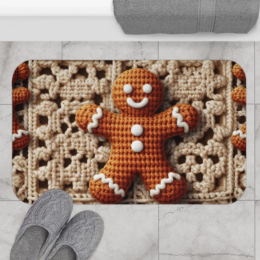 Rustic Gingerbread Delights: Christmas Crochet Gingerbread Men on Classic Beige Granny Squares - Bath Mat