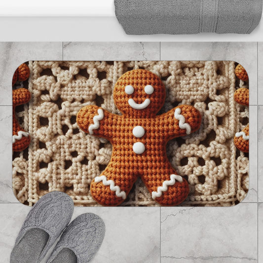 Delicias rústicas de pan de jengibre: Hombres de pan de jengibre de crochet navideños en clásicos cuadrados beige de la abuela - Alfombra de baño