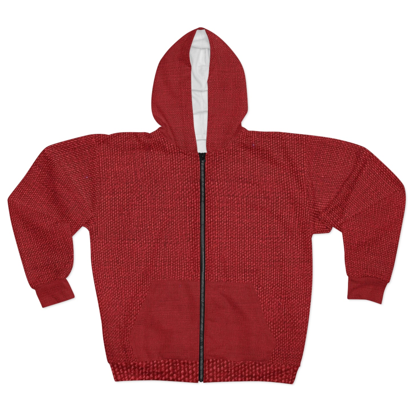 Rojo rubí atrevido: estilo de tela apasionado, inspirado en la mezclilla - Sudadera con capucha unisex con cremallera (AOP)