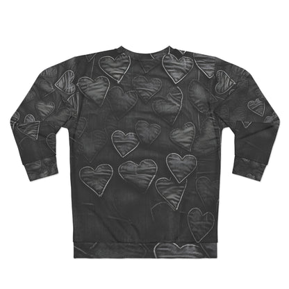 Negro azabache: diseño de bordado de corazón de tela inspirado en mezclilla desgastada - Sudadera unisex (AOP) 