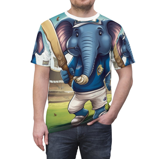 Estrella deportiva de críquet con elefante de la India: juego de lanzamiento, carrera y tocón - Encanto animado - Camiseta unisex para cortar y coser (AOP) 