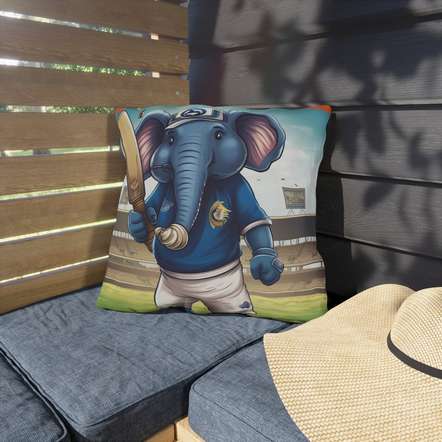 India Elephant Cricket Sport Star: Pitch, Run, Stump Game - Animated Charm - Outdoor Pillows