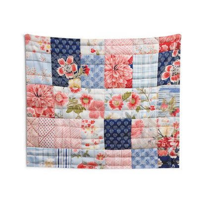 Floral Harmony Quilt, Blossom Patchwork, Blue and Pink Quilted Patterns, Garden Quilt, Soft Pastel Quilting Squares Design - Indoor Wall Tapestries