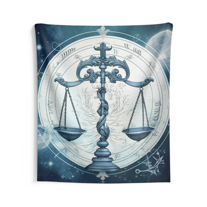 Blue Tones Libra Zodiac Cosmic Astro - Balance Scale & Symbols - Indoor Wall Tapestries