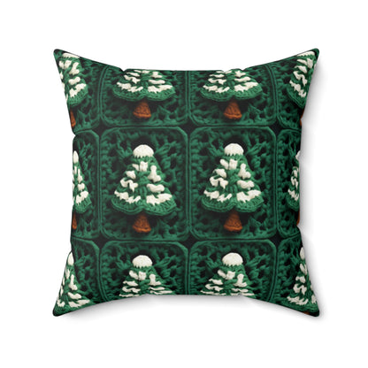 Evergreen Christmas Trees Crochet, Festive Pine Tree Holiday Craft, Yuletide Forest, Winter - Spun Polyester Square Pillow