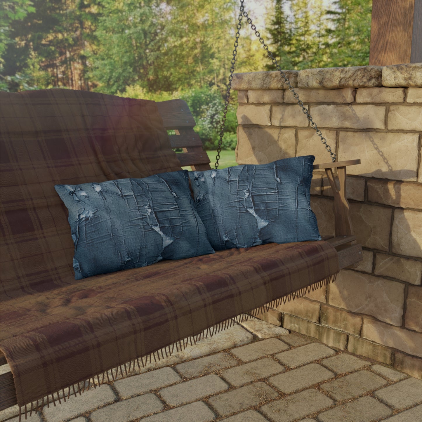 Distressed Blue Denim-Look: Edgy, Torn Fabric Design - Outdoor Pillows