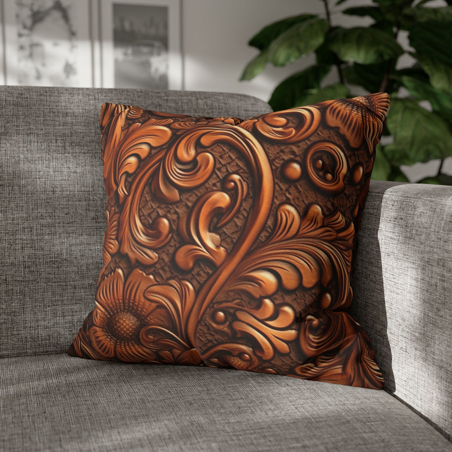 Leather Flower Cognac Classic Brown Timeless American Cowboy Design - Spun Polyester Square Pillow Case