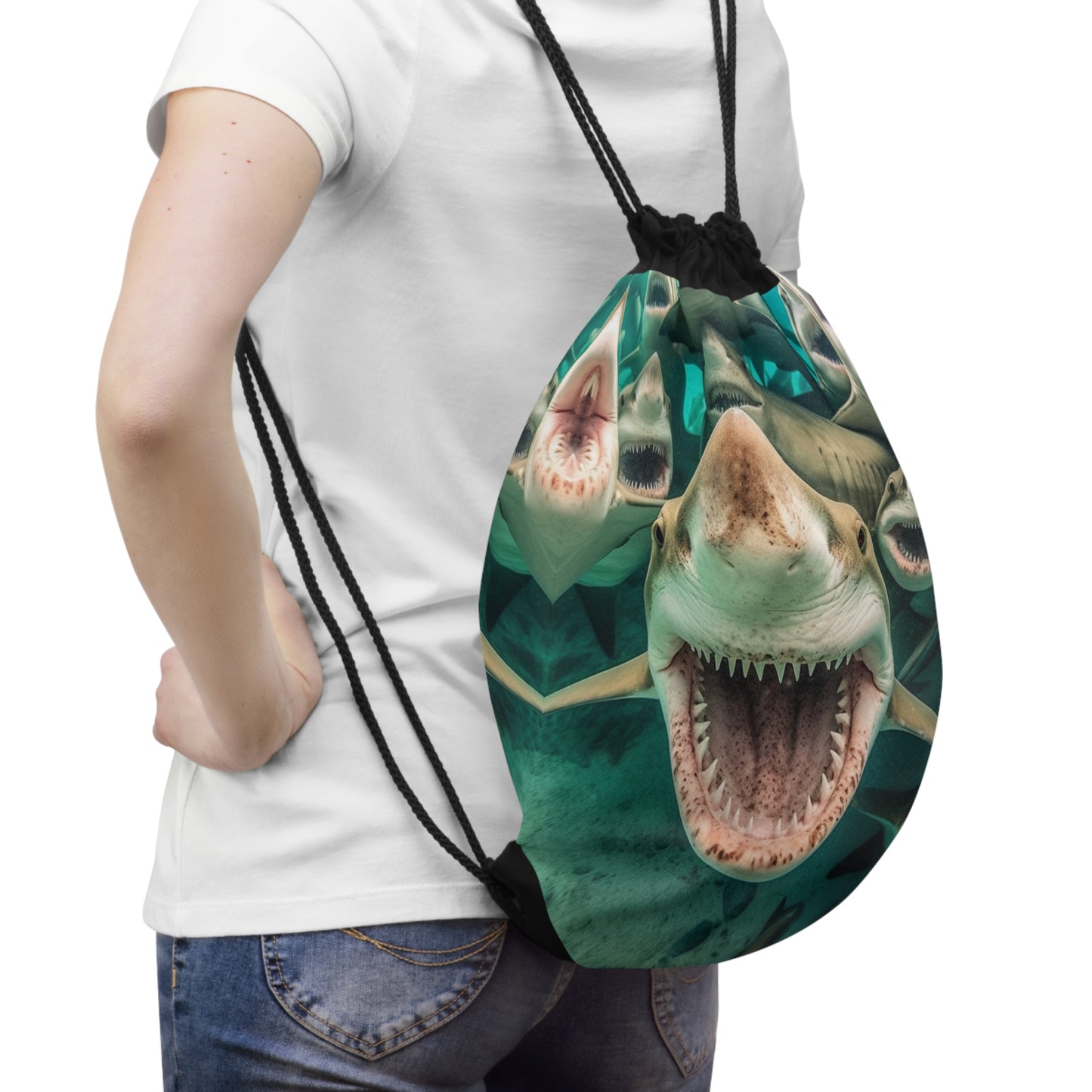 Laughing Lemon Sharks: Joyful Sea Jaws Ocean Deep - Drawstring Bag