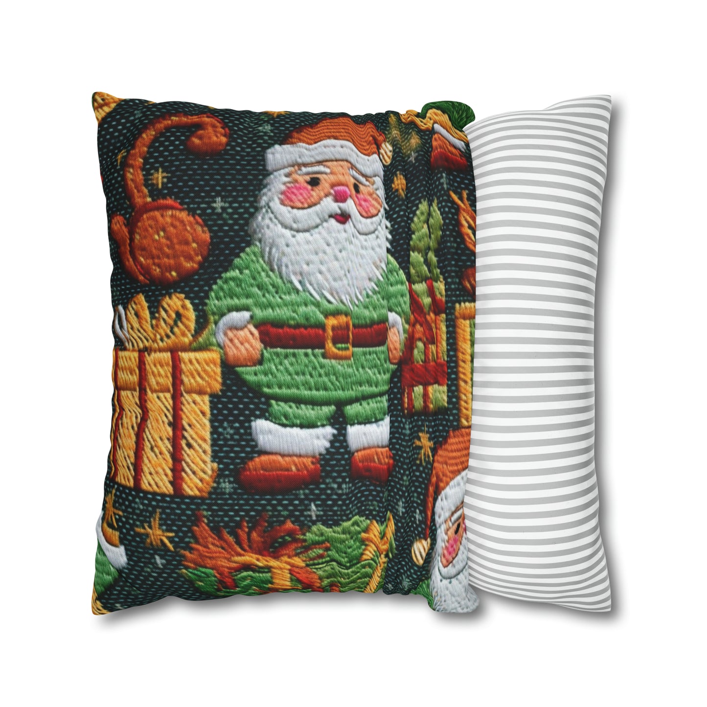 Papá Noel navideño - Regalos bordados - País de las maravillas invernal festivo - Diseño Deck the Halls - Funda de almohada cuadrada de poliéster hilado 