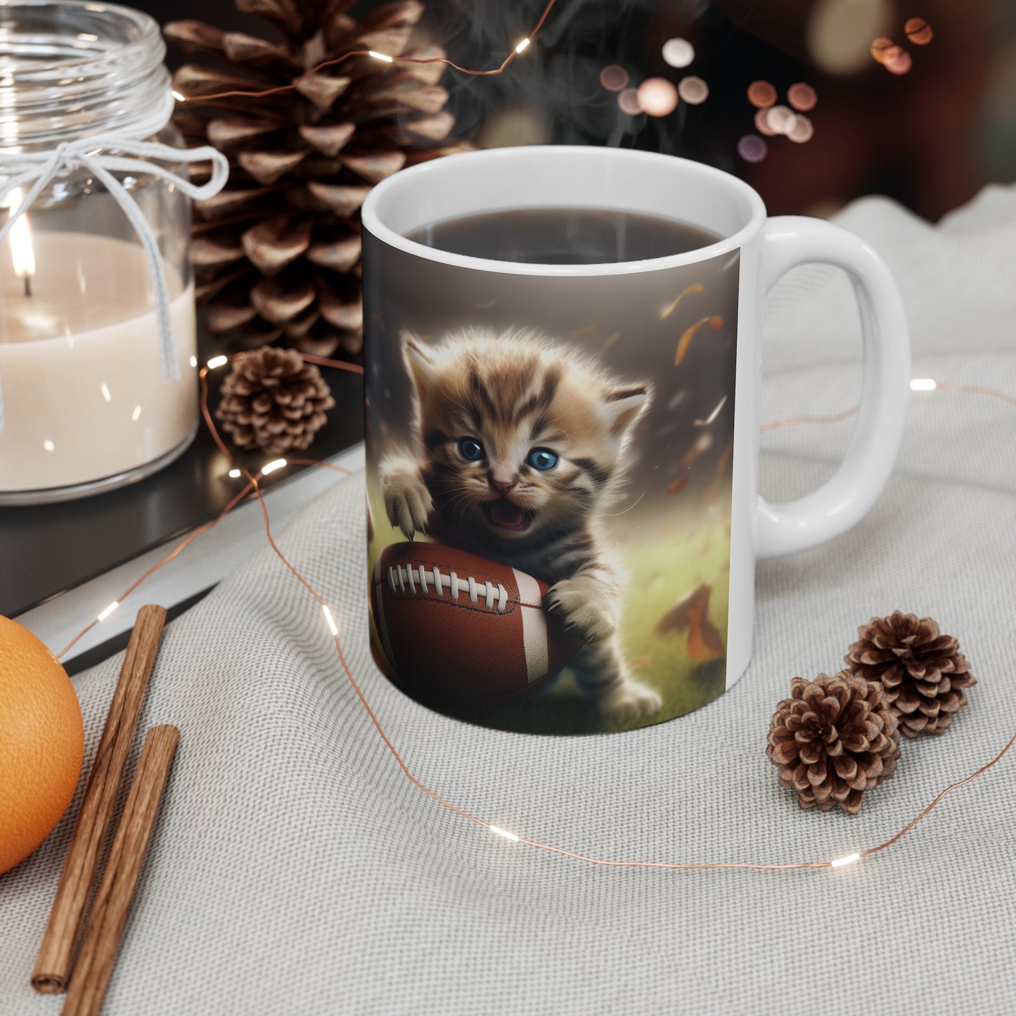 Football Kitten Touchdown: Tabby's Winning Play Sport Game - Ceramic Mug 11oz