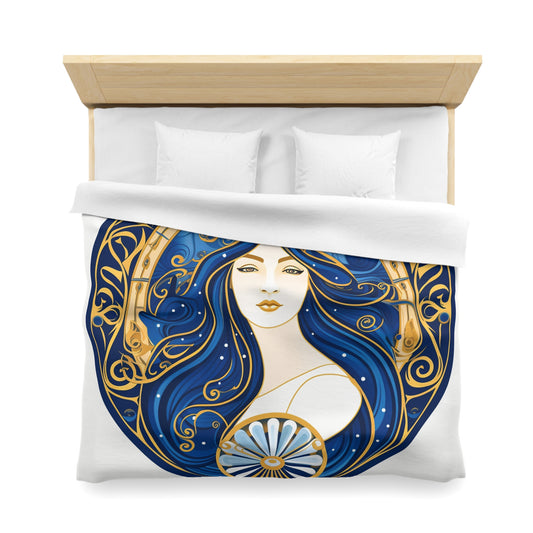 Virgo Zodiac Circular Symmetry in Gold Royal Blue - Microfiber Duvet Cover