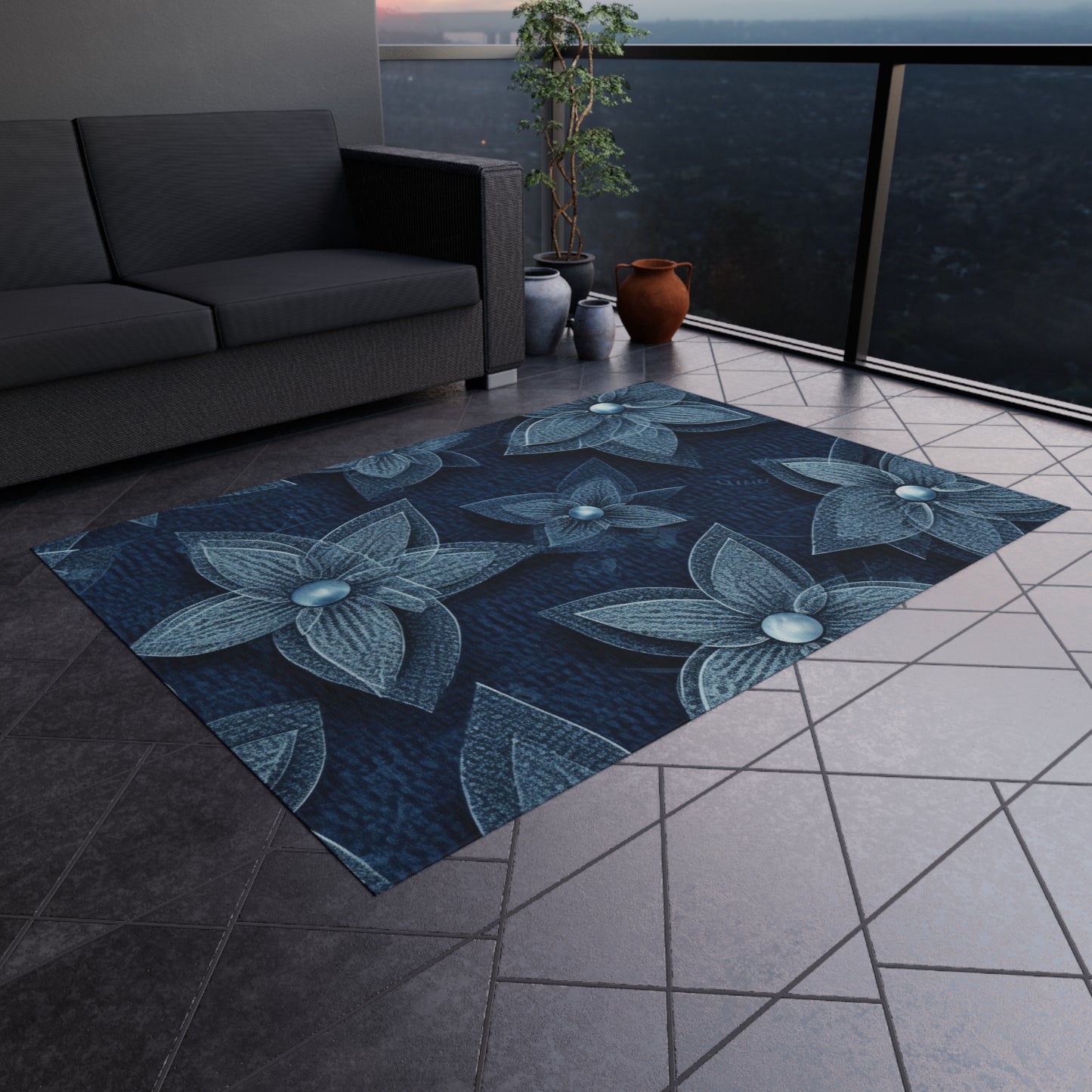 Hawaiian Flower Design - Denim-Inspired Decor Piece - Outdoor Rug