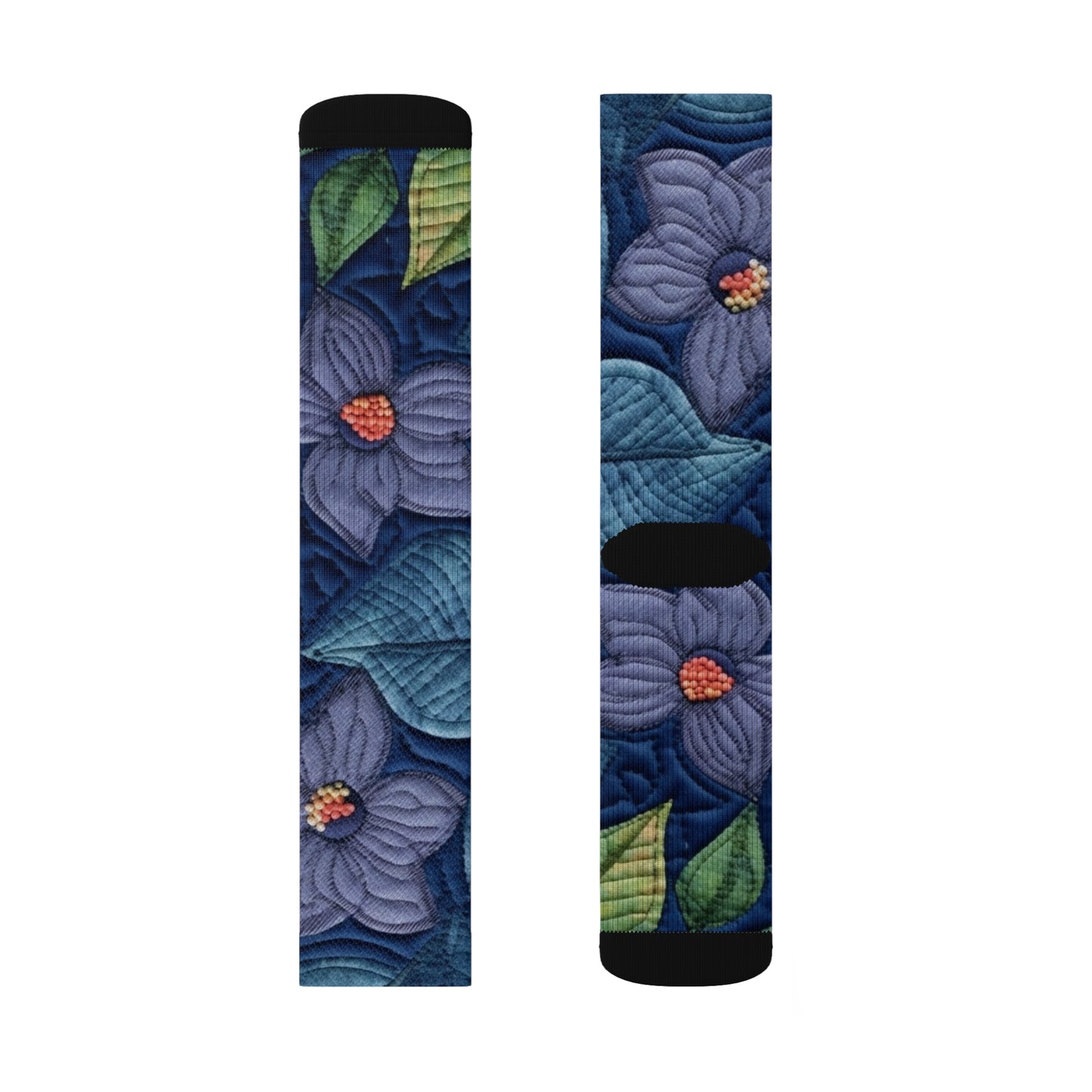 Floral Embroidery Blue: Denim-Inspired, Artisan-Crafted Flower Design - Sublimation Socks