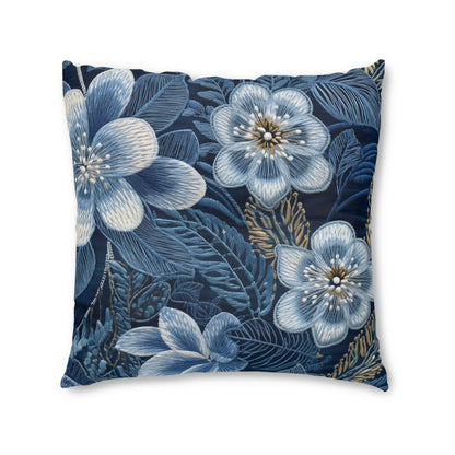 Flower Blossom Embroidery Floral on Denim Style - Tufted Floor Pillow, Square