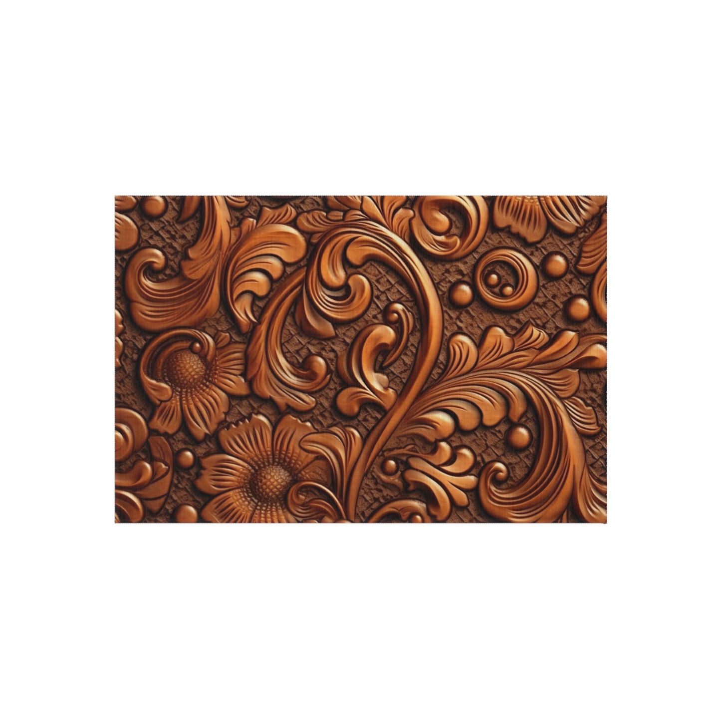 Leather Flower Cognac Classic Brown Timeless American Cowboy Design - Outdoor Rug