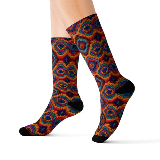 African Heritage Crochet, Vibrant Multicolored Design, Ethnic Craftwork - Sublimation Socks