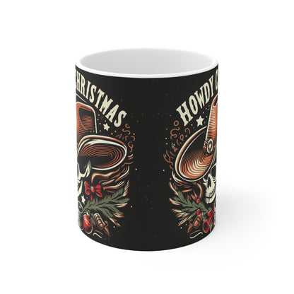 Spooky Western Holiday - Howdy Christmas with Cowboy Skull, Festive Hat & Seasonal Decor - Ceramic Mug 11oz