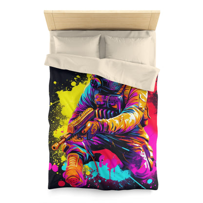 Paintball Action Sport: Player in Battle, Paint Splatter - Microfiber Duvet Cover