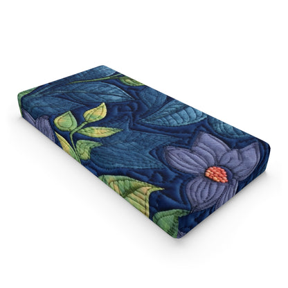 Floral Embroidery Blue: Denim-Inspired, Artisan-Crafted Flower Design - Baby Changing Pad Cover