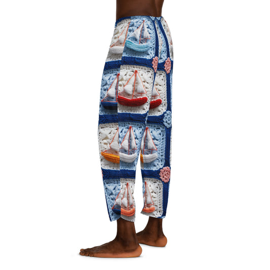かぎ針編みのボート船海の船オーシャンビーチ旅行ヨットのデザイン - メンズパジャマパンツ (AOP) 