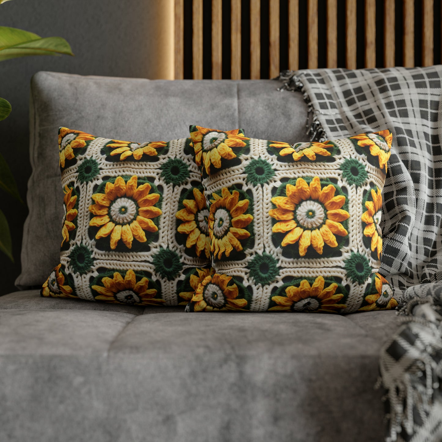 Sunflower Crochet Elegance, Granny Square Design, Radiant Floral Motif. Bring the Warmth of Sunflowers to Your Space - Spun Polyester Square Pillow Case