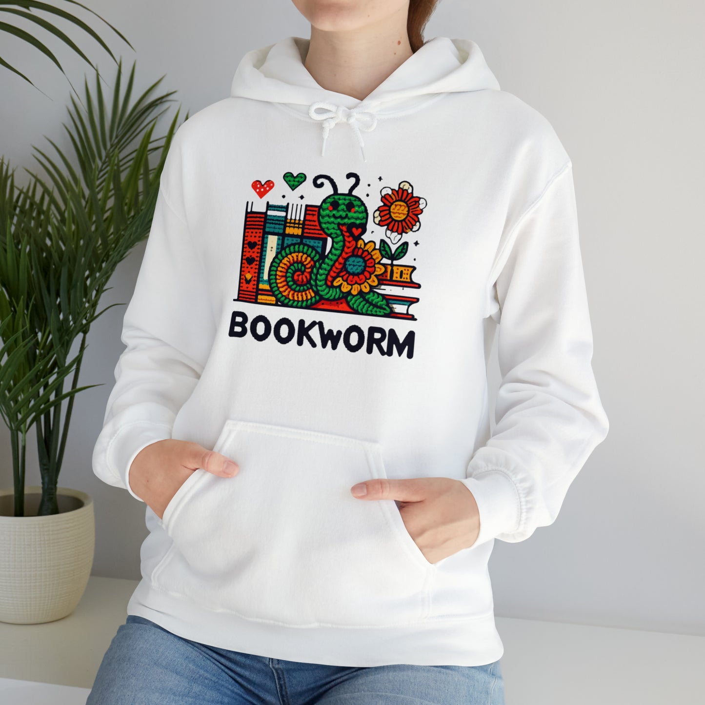 Bookworm Delight - Whimsical Book Lover Illustration, Colorful Reading Worm & Floral Books - Unique Reader's Gift - Unisex Heavy Blend™ Hooded Sweatshirt