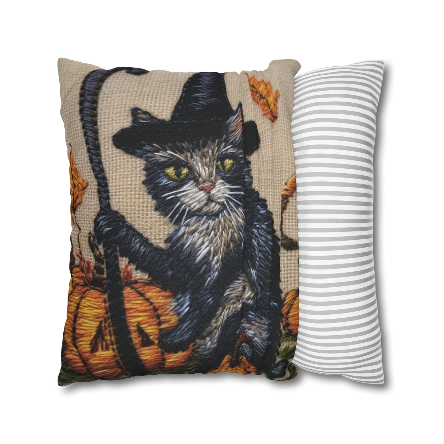 Halloween Cat Magic: Embroidered Style Feline with Pumpkins & Witch Hat - Spun Polyester Square Pillow Case