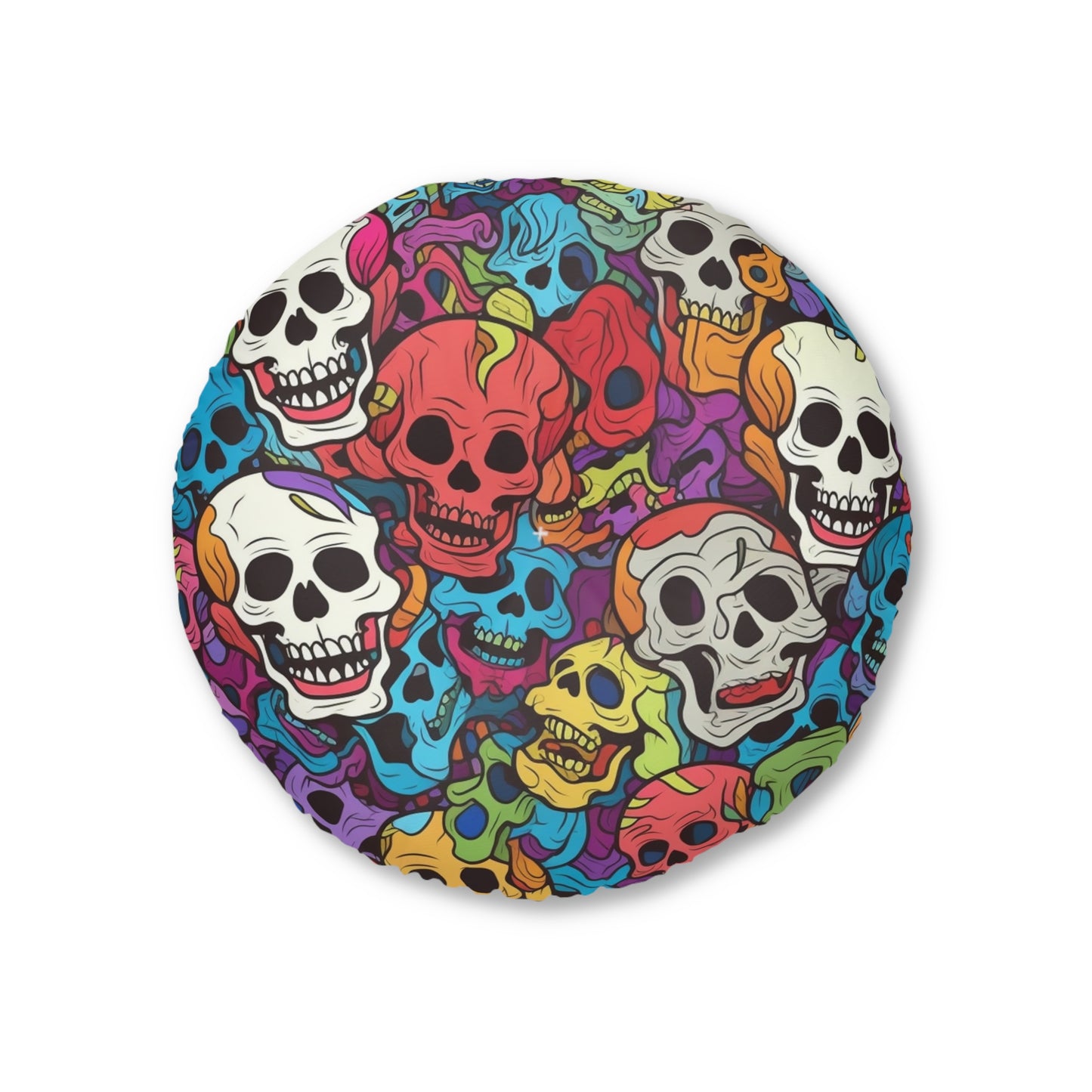 Patrón psicodélico de cabeza de calavera arcoíris, colores vibrantes - Cojín de suelo capitoné, redondo 