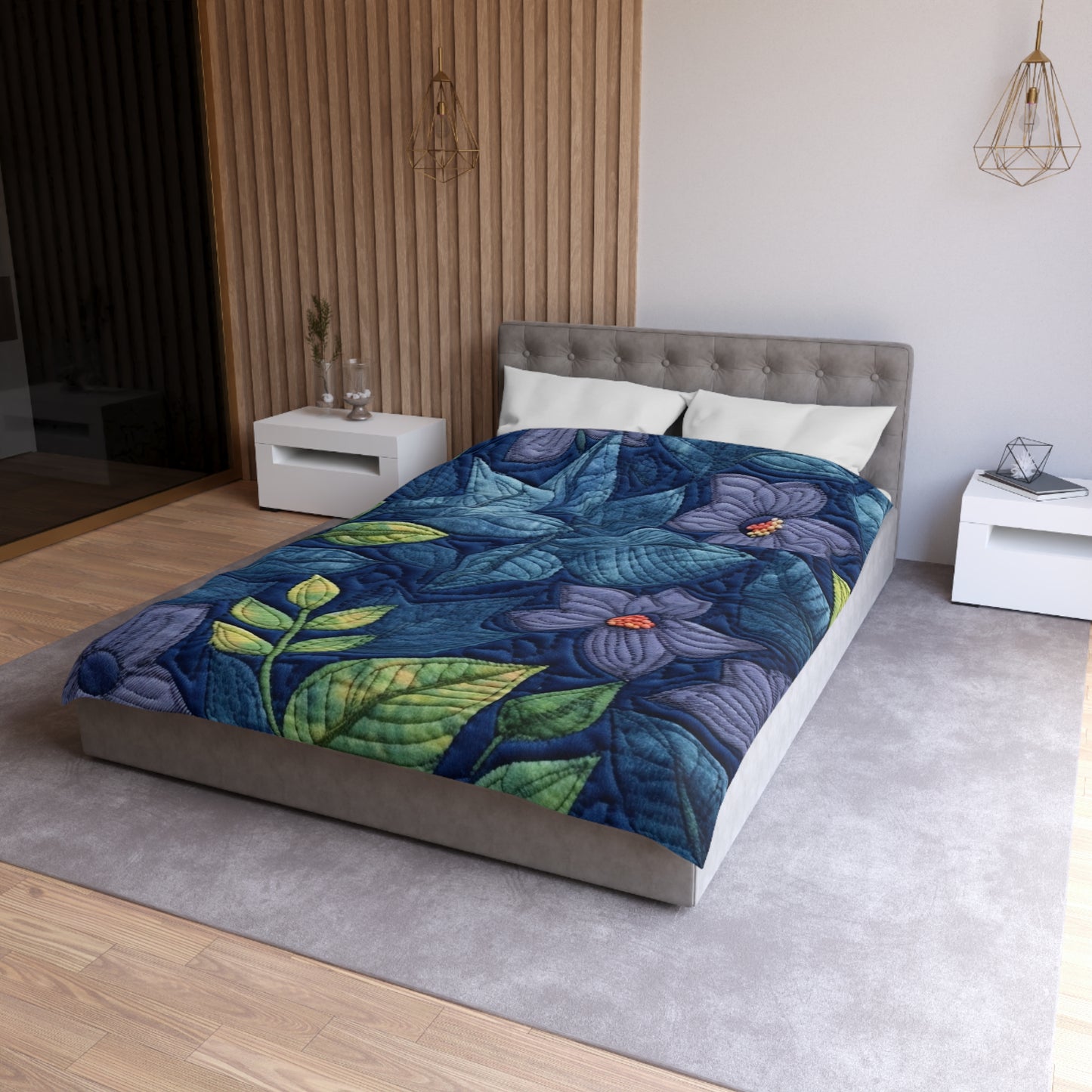 Floral Embroidery Blue: Denim-Inspired, Artisan-Crafted Flower Design - Microfiber Duvet Cover