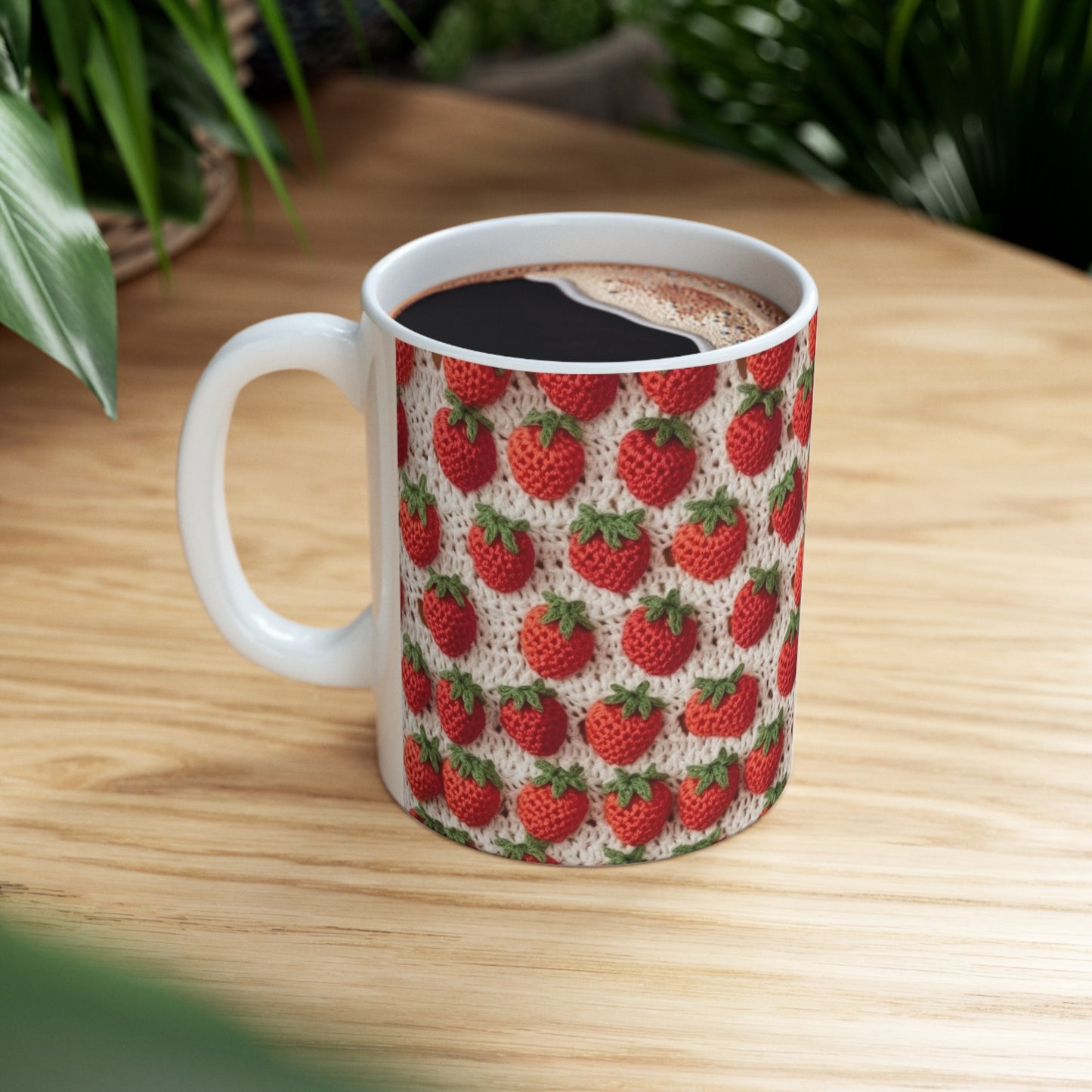 Strawberry Traditional Japanese, Crochet Craft, Fruit Design, Red Berry Pattern - Ceramic Mug 11oz