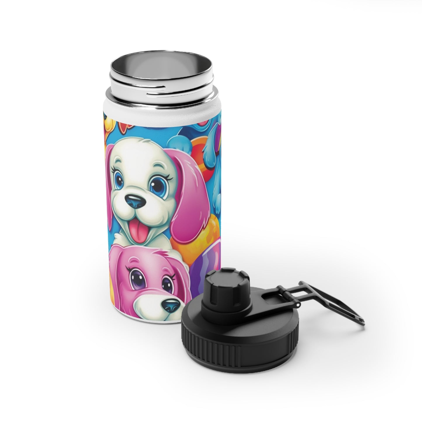 Happy Puppy & Dog Design - Vivid and Eye-Catching - Stainless Steel Water Bottle, Sports Lid