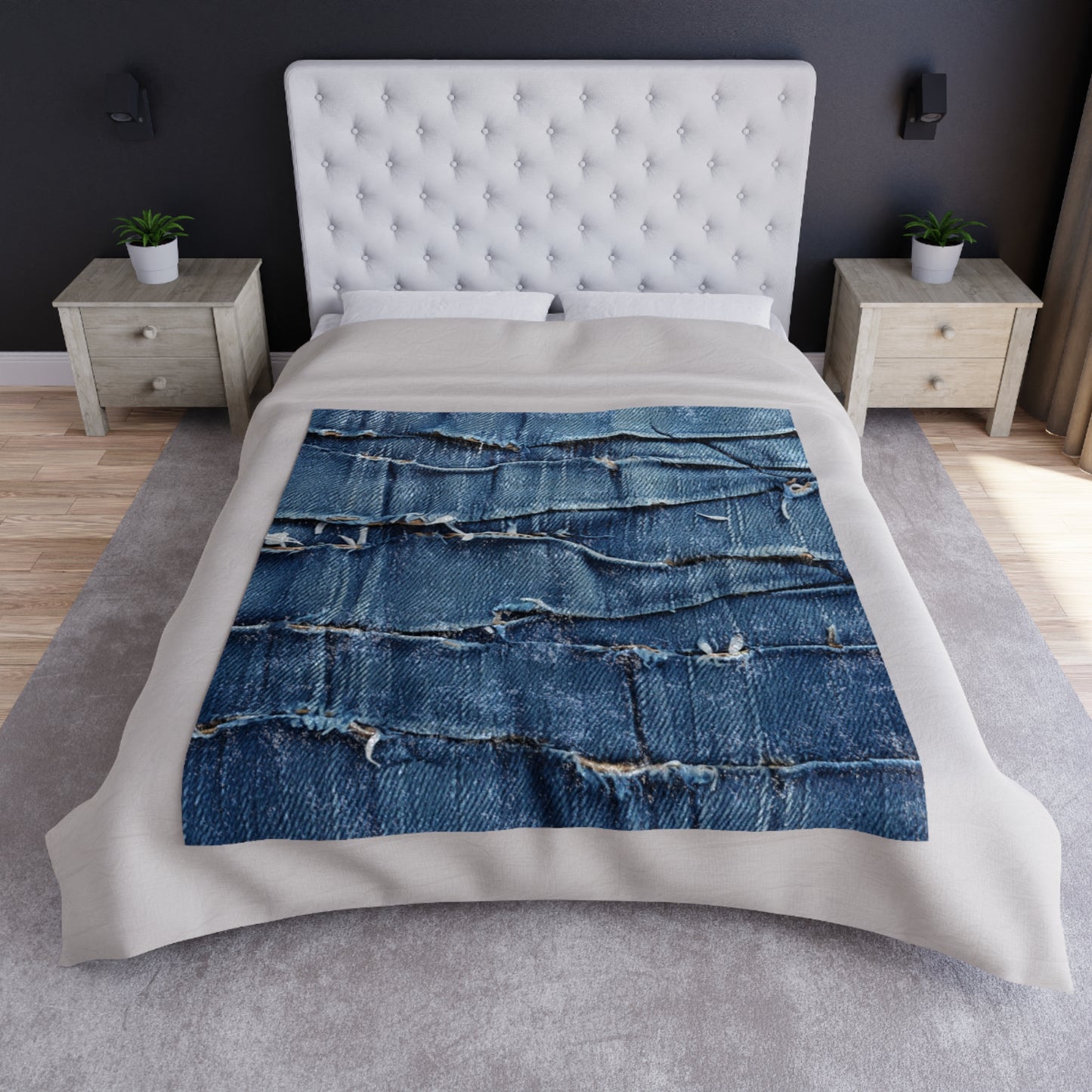 Midnight Blue Distressed Denim: Rugged, Torn & Stylish Design - Crushed Velvet Blanket