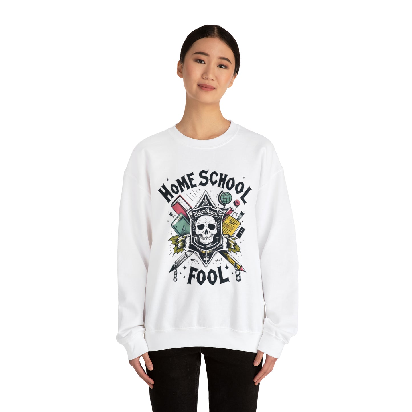 Home School Fool - Academic Skull Crest with Books and Globe, Educational Emblem, Scholarly Gothic - Unisex Heavy Blend™ Crewneck Sweatshirt