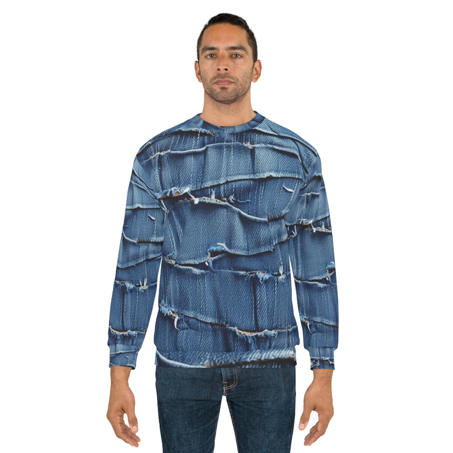 Midnight Blue Distressed Denim: Rugged, Torn & Stylish Design - Unisex Sweatshirt (AOP)