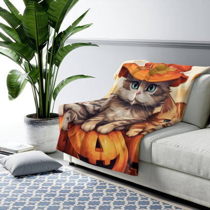 Kitty Cat Kittens Halloween - Cute Furries on Pumpkin - Festive Feline Decor - Sherpa Fleece Blanket