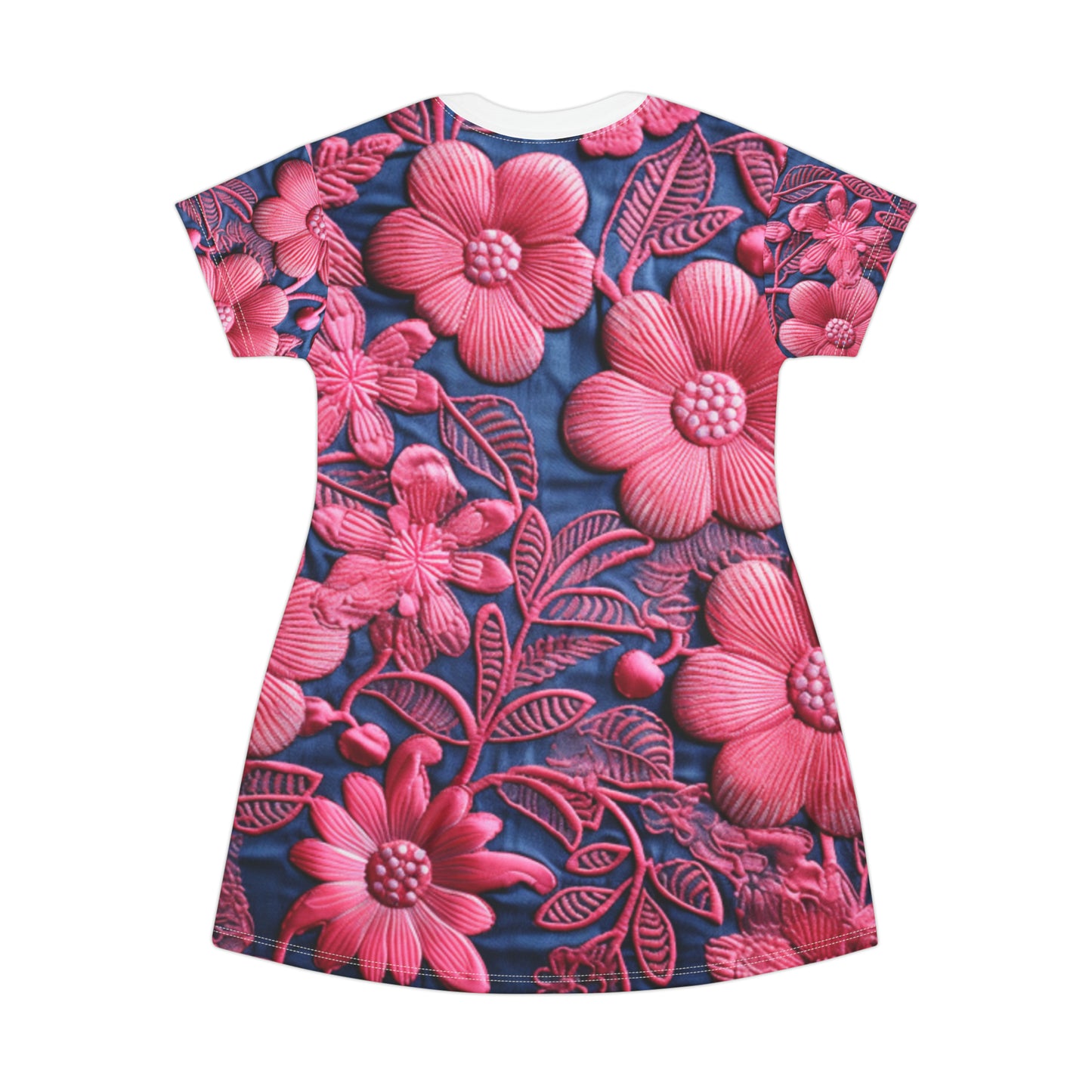 Denim Blue Doll Pink Floral Embroidery Style Fabric Flowers - T-Shirt Dress (AOP)