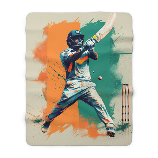 Cricket Batsman, Ball Strike, Indian Flag Color Background - Street Style - Sherpa Fleece Blanket