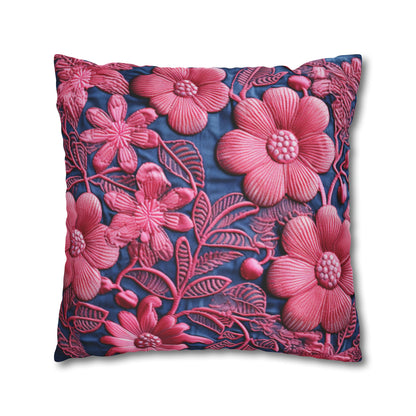 Denim Blue Doll Pink Floral Embroidery Style Fabric Flowers - Spun Polyester Square Pillow Case